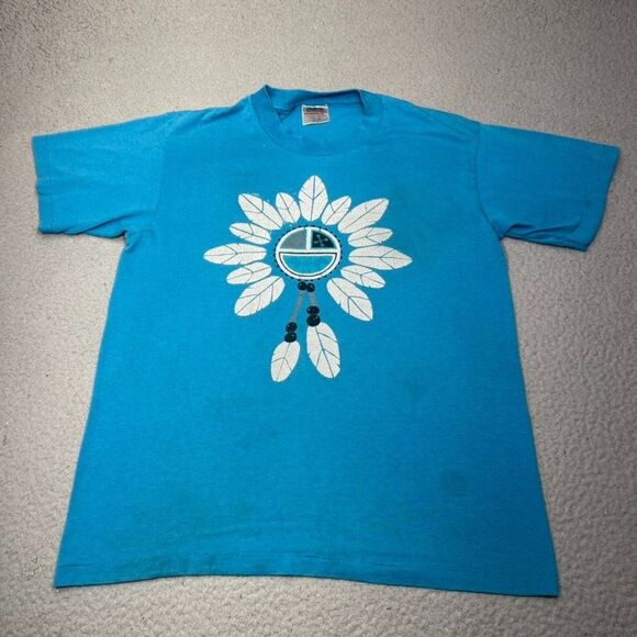 Vintage Oneita Shirt Mens Large Blue Dream Catcher Tribal Single Stitch USA Made - Picture 1 of 16